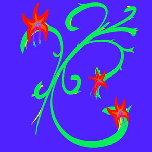 Digital artwork showing green vines with yellow accents and three dropy pink flowers