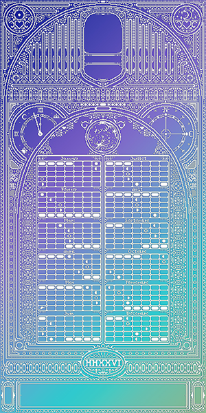 Ornate art nouveau and pixel art full-year calendar for 2026 showing lunar phases throughout the year